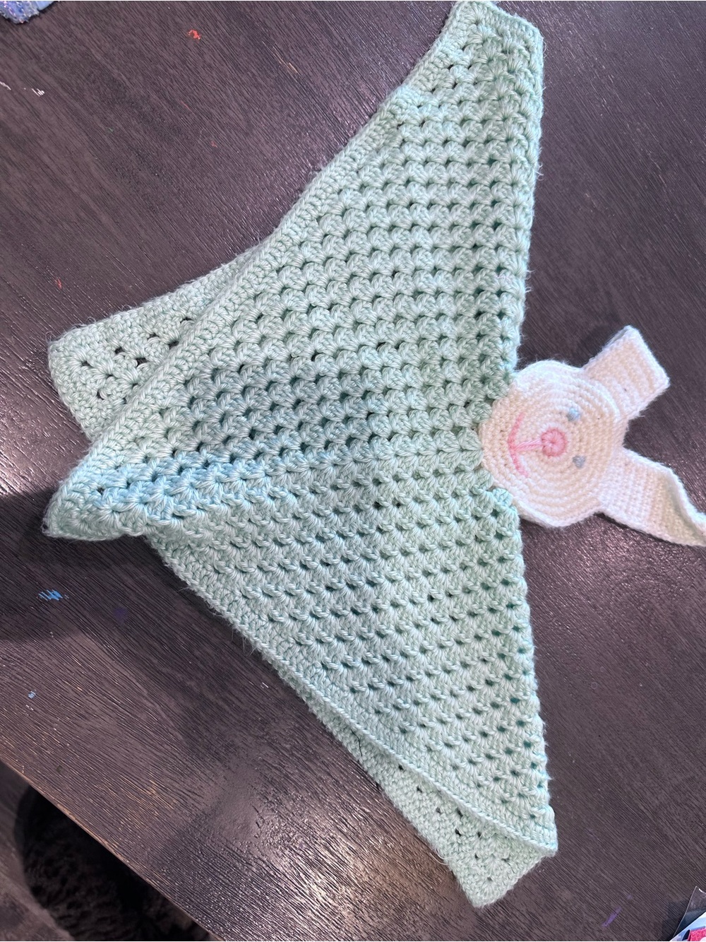 Handmade Mint Green Crochet Lovey with Bunny Head